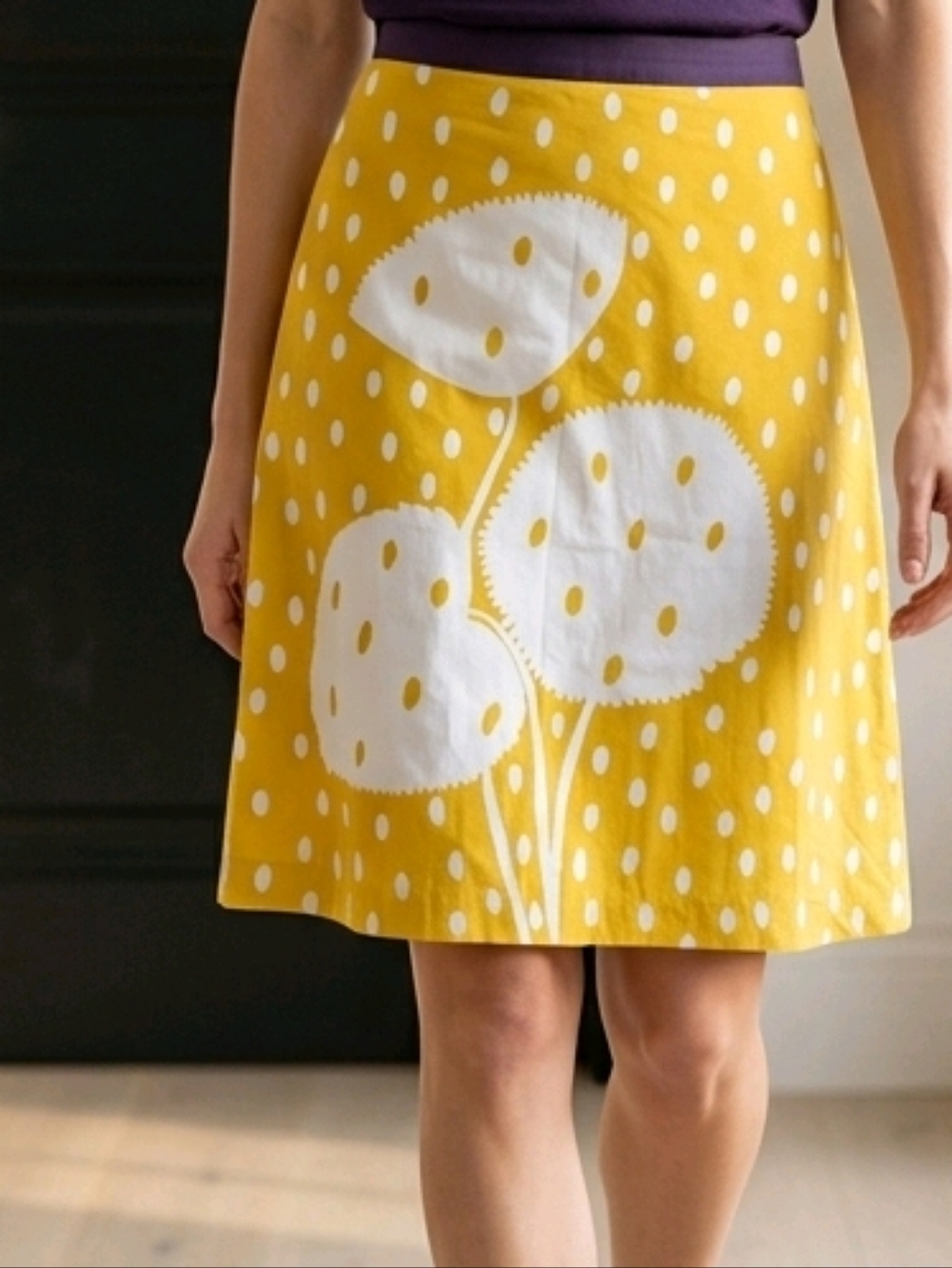 Boden Yellow White Polka Dot Floral Knee Length Lined Skirt sz 8